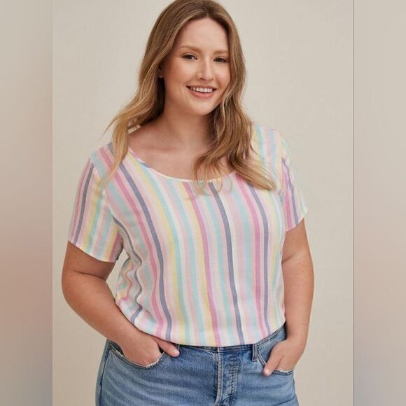 Torrid Multi Color Button Back Stripe Abbey Rayon Slub Top Short Sleeve Shirt 3X - Picture 1 of 15